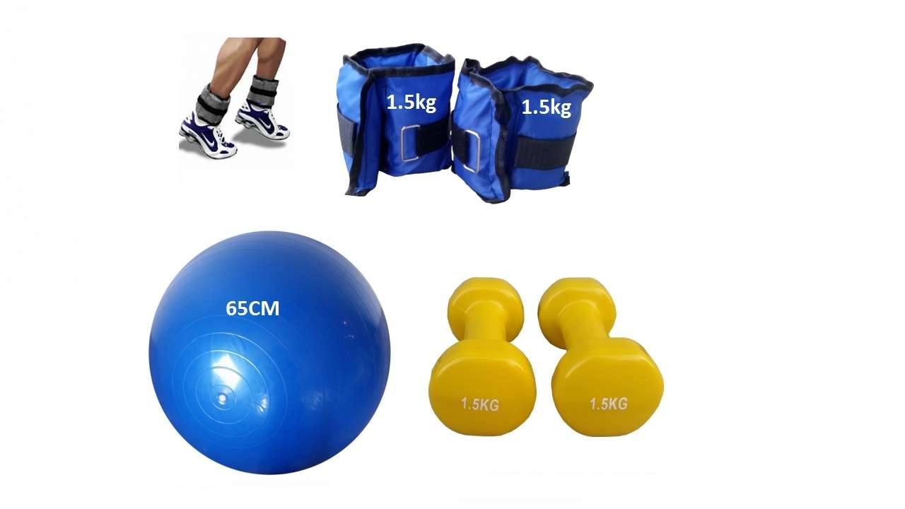 Set 1.5kg bučice, tegovi za noge 1.5kg i pilates lopta 65cm