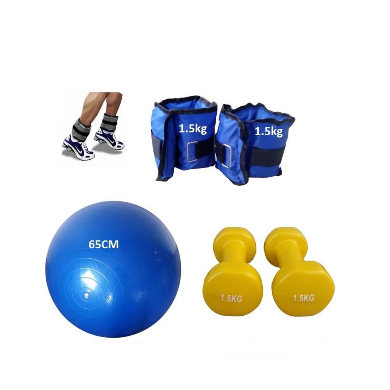 Set 1.5kg bučice, tegovi za noge 1.5kg i pilates lopta 65cm