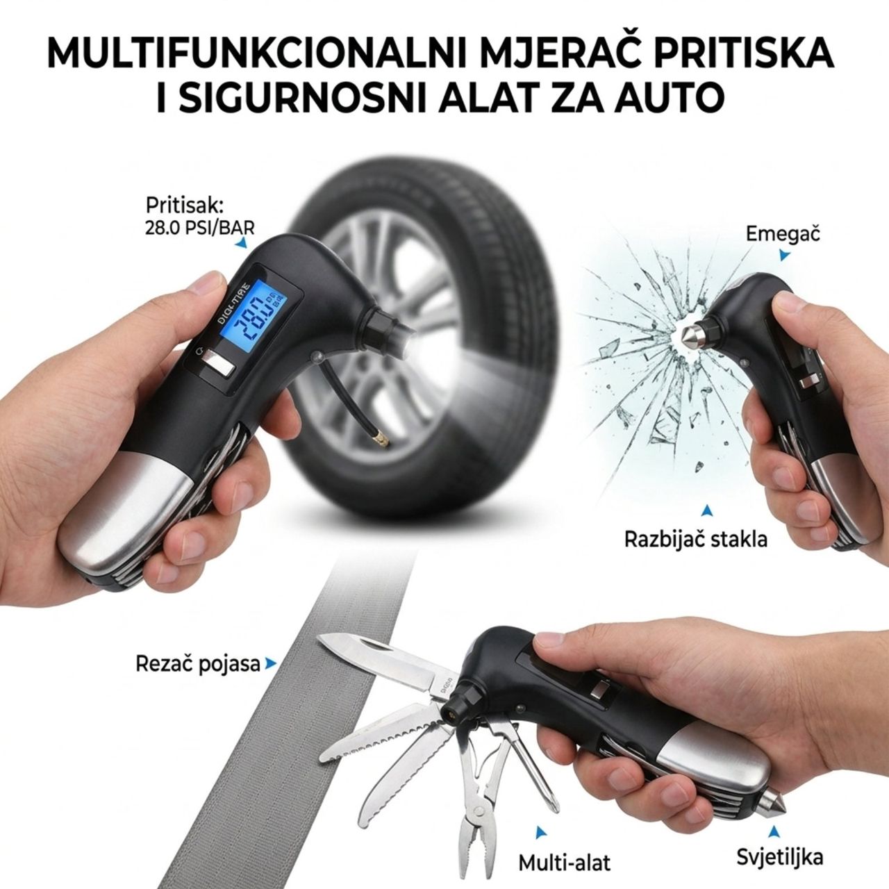 Mjerač pritiska gume i sigurnosni set za automobil