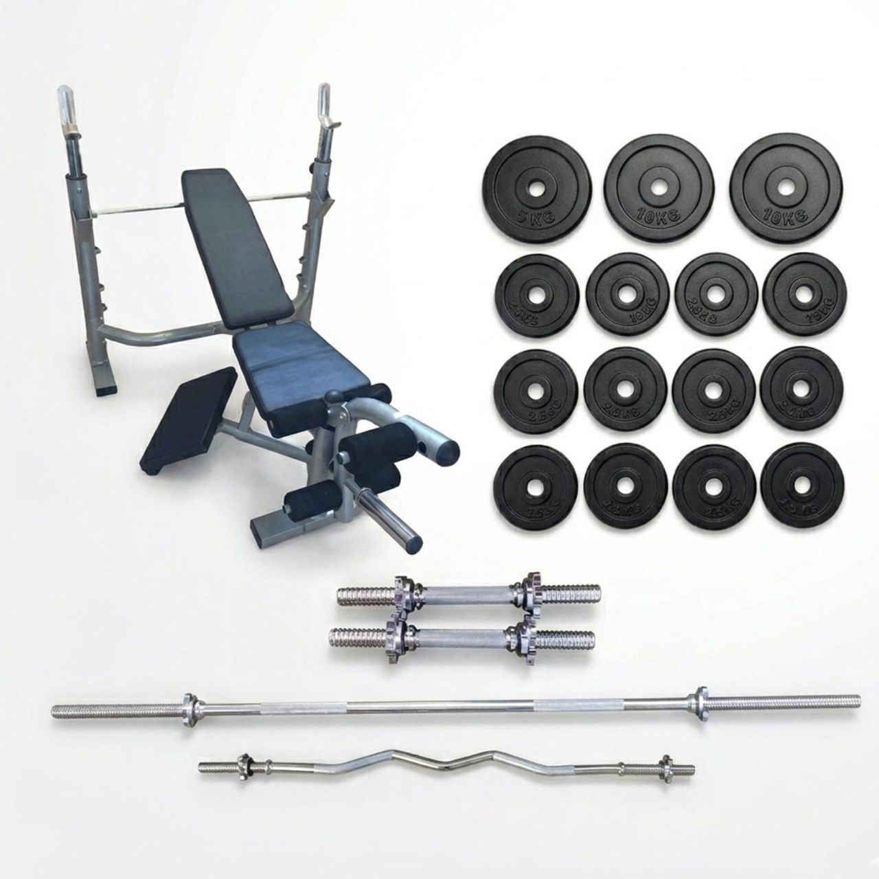 Bench i 90kg, šipke ravna 218cm, EZ, bučice 